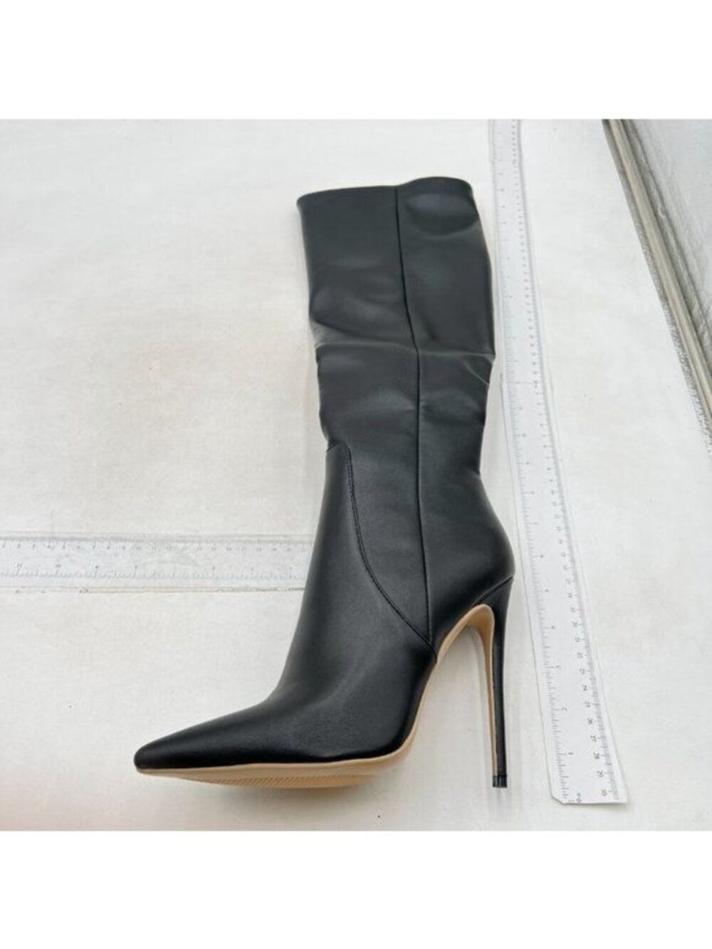Black Pointed Toe Side Zip Stiletto High Heel Long Boots Shopping Party Shoes
